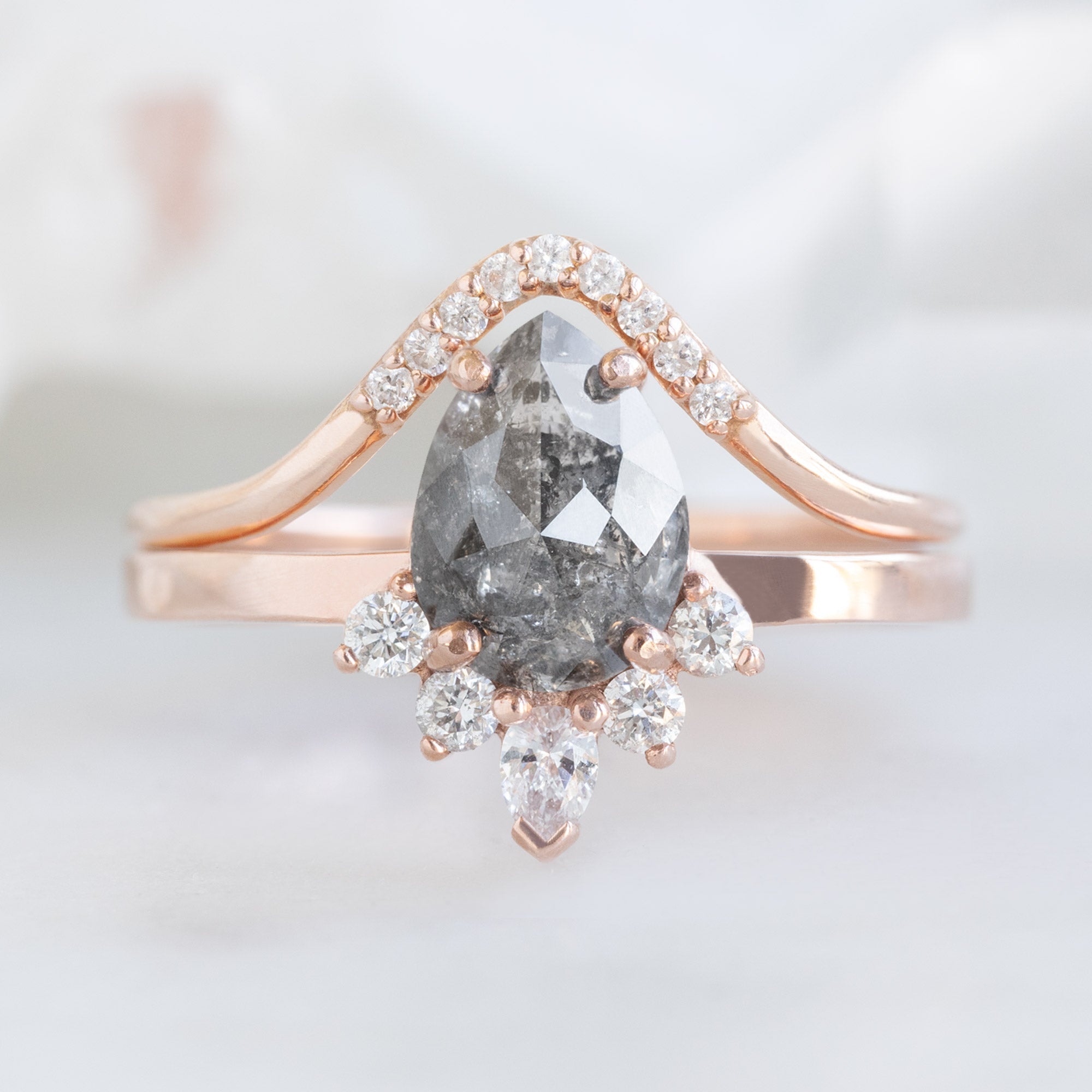 One of a Kind White Diamond Pavé Peak Stacking Band in Rose Gold Stacked with Salt and Pepper Diamond Engagement Ring