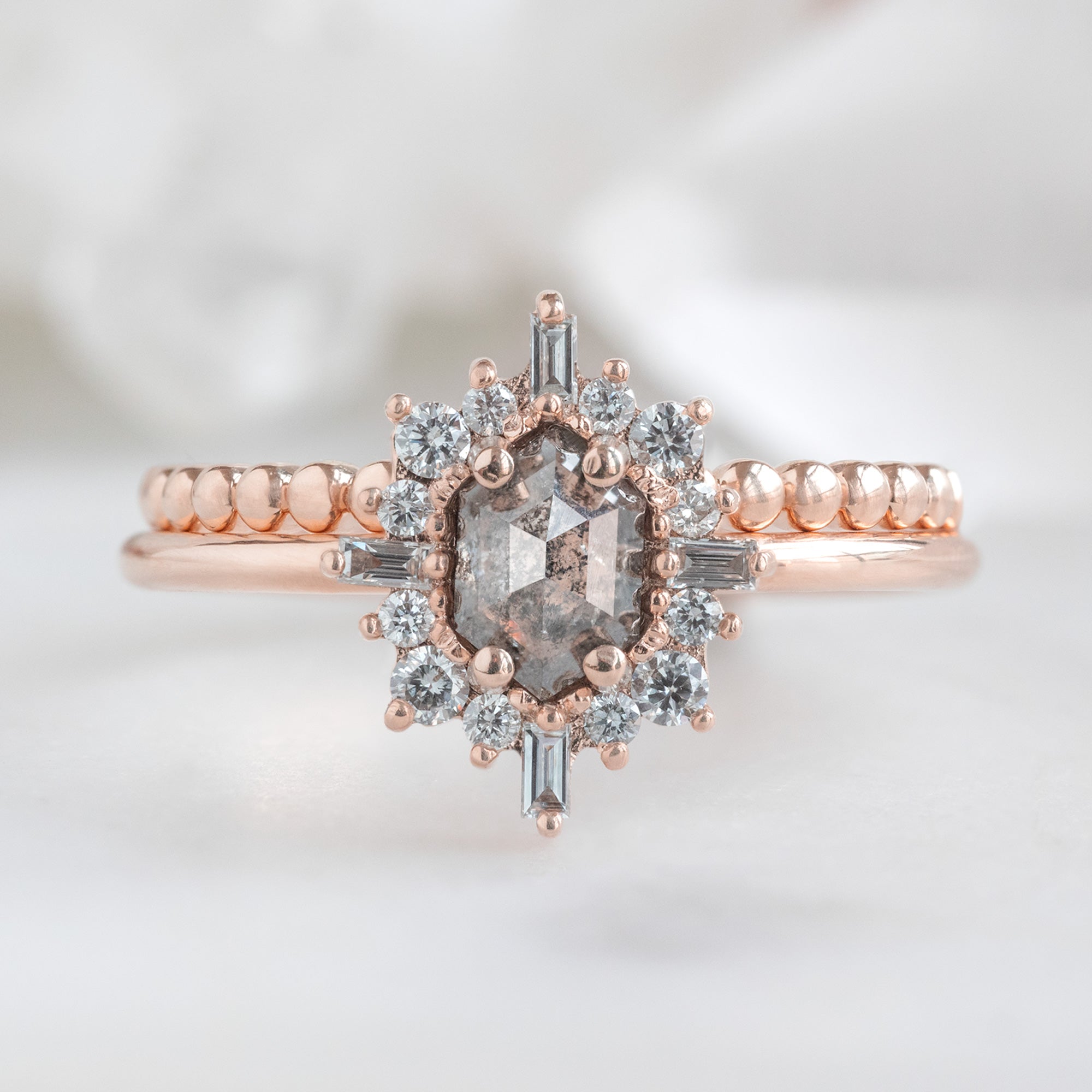 The Gold Beaded Stacking Ring in 14K Rose Gold Stacked with Salt and Pepper Diamond Engagement Ring