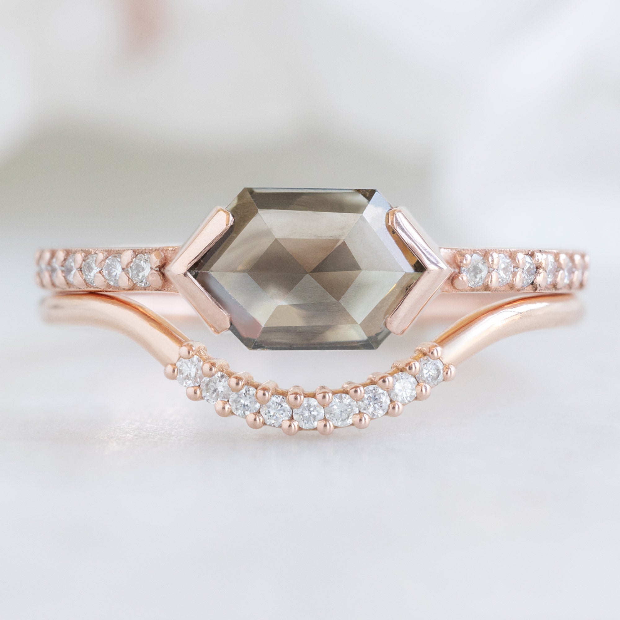 One of a Kind Salt and Pepper Diamond Pavé Arc Stacking Band | 14K or 18K Rose Gold