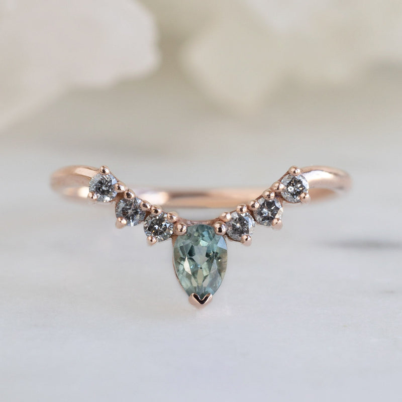 One of a Kind Montana Sapphire + Salt and Pepper Diamond Sunburst Stacking Band | 14K Rose Gold