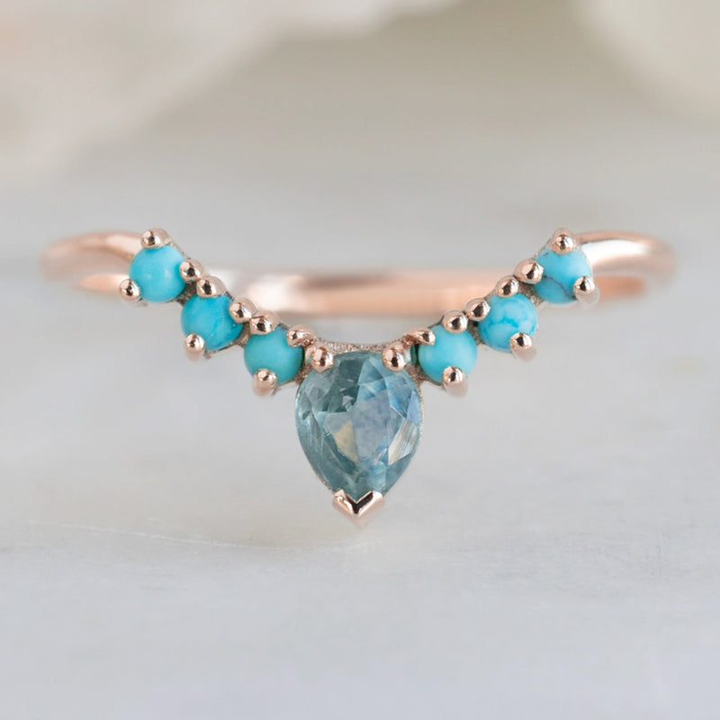 One of a Kind Montana Sapphire + Turquoise Sunburst Stacking Band | 14K or 18K Rose Gold