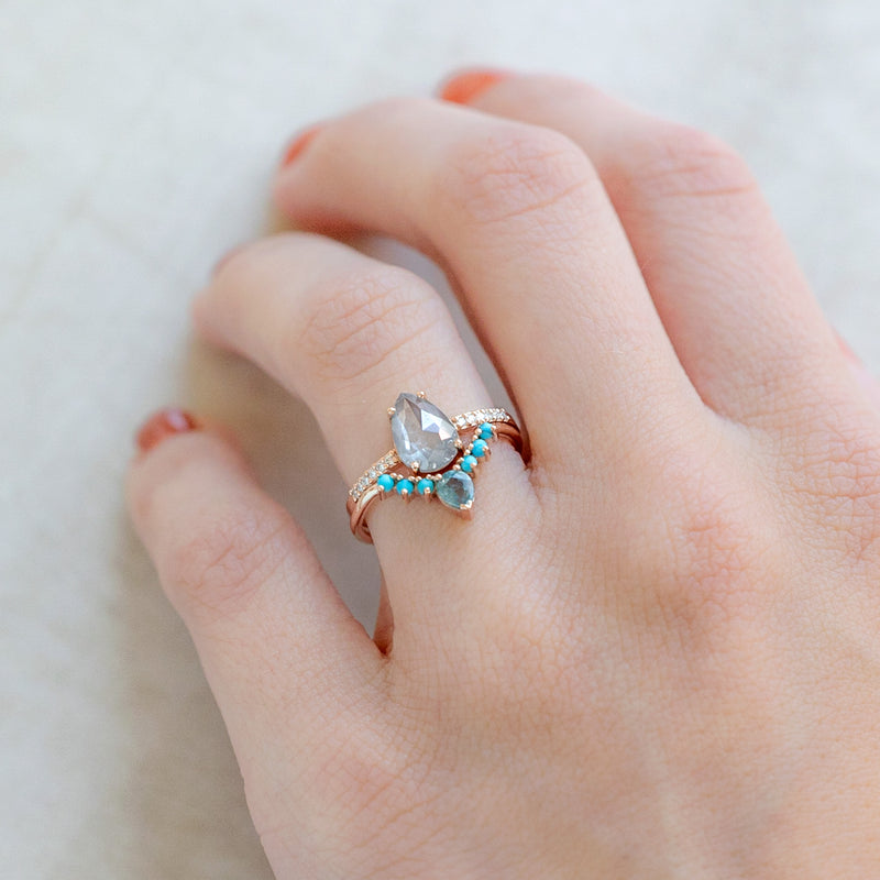 One of a Kind Montana Sapphire + Turquoise Sunburst Stacking Band | 14K or 18K Rose Gold