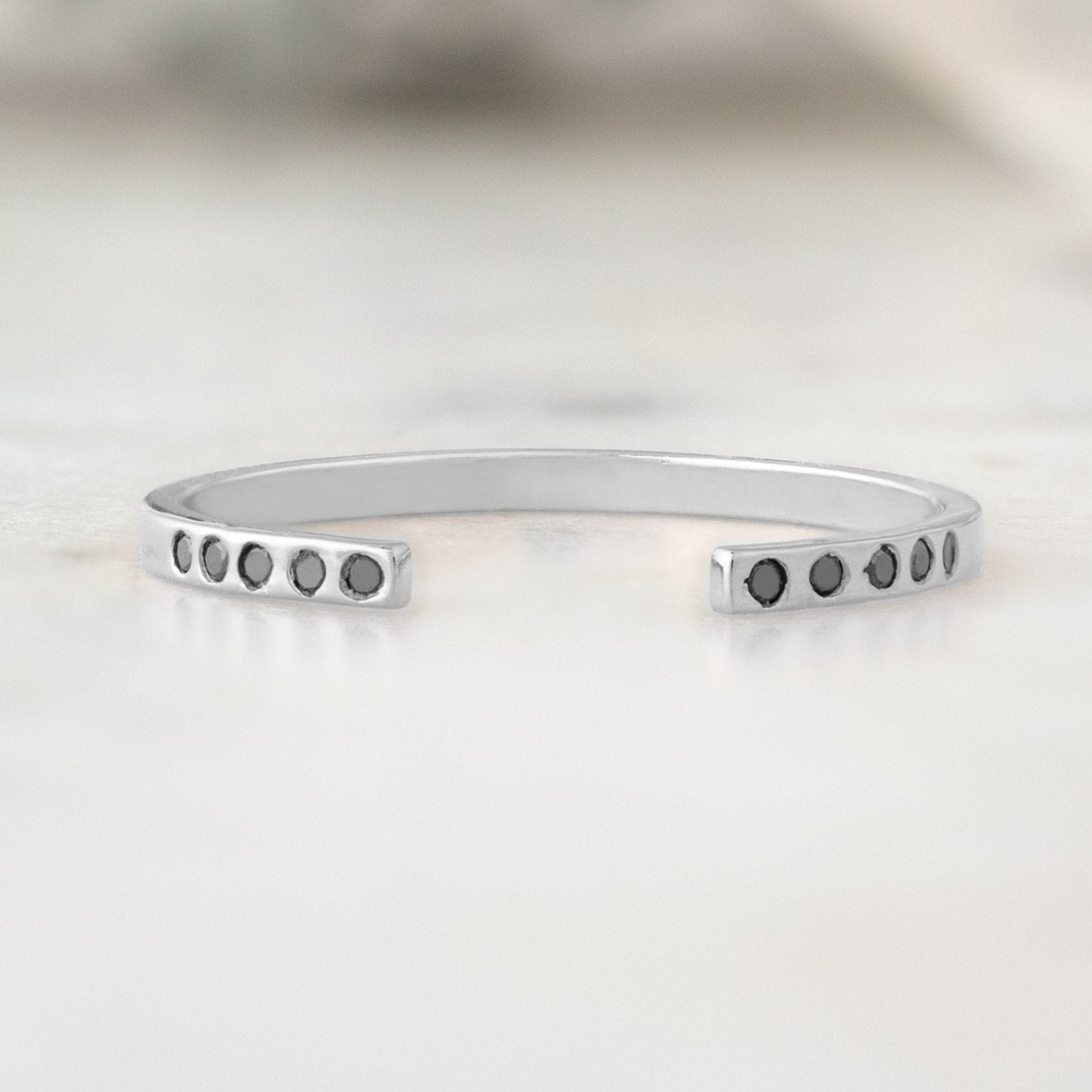 One of a Kind Open Cuff Flush Set Black Diamond Pavé Stacking Band | 14K White Gold