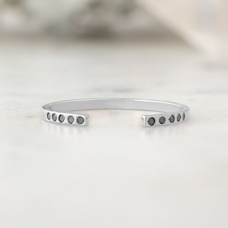 One of a Kind Open Cuff Flush Set Black Diamond Pavé Stacking Band | 14K White Gold