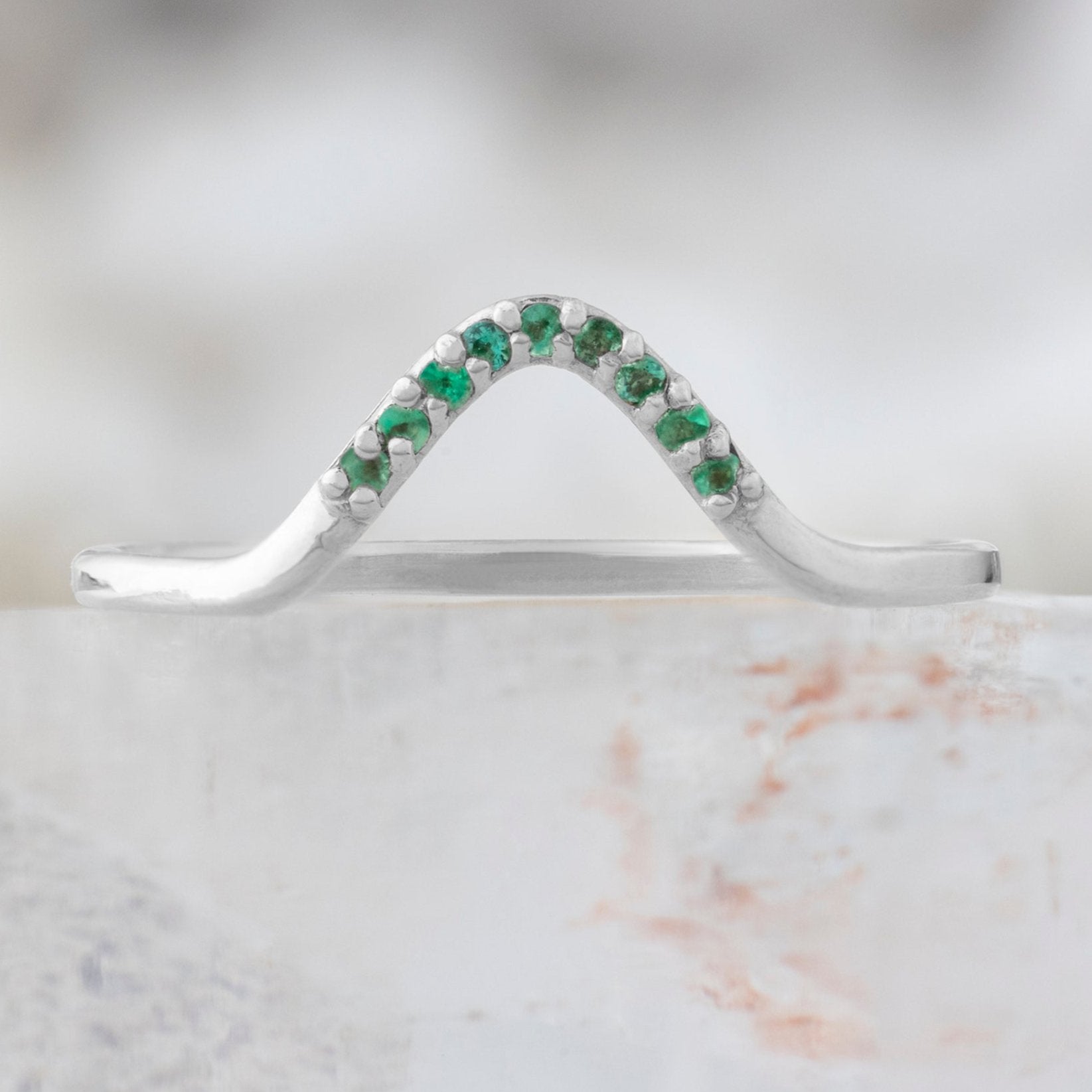 One of a Kind Emerald Pavé Peak Stacking Band in White Gold on White Crystal