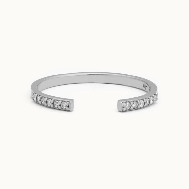 One of a Kind Open Cuff White Diamond Pavé Stacking Band | 14K or 18K White Gold