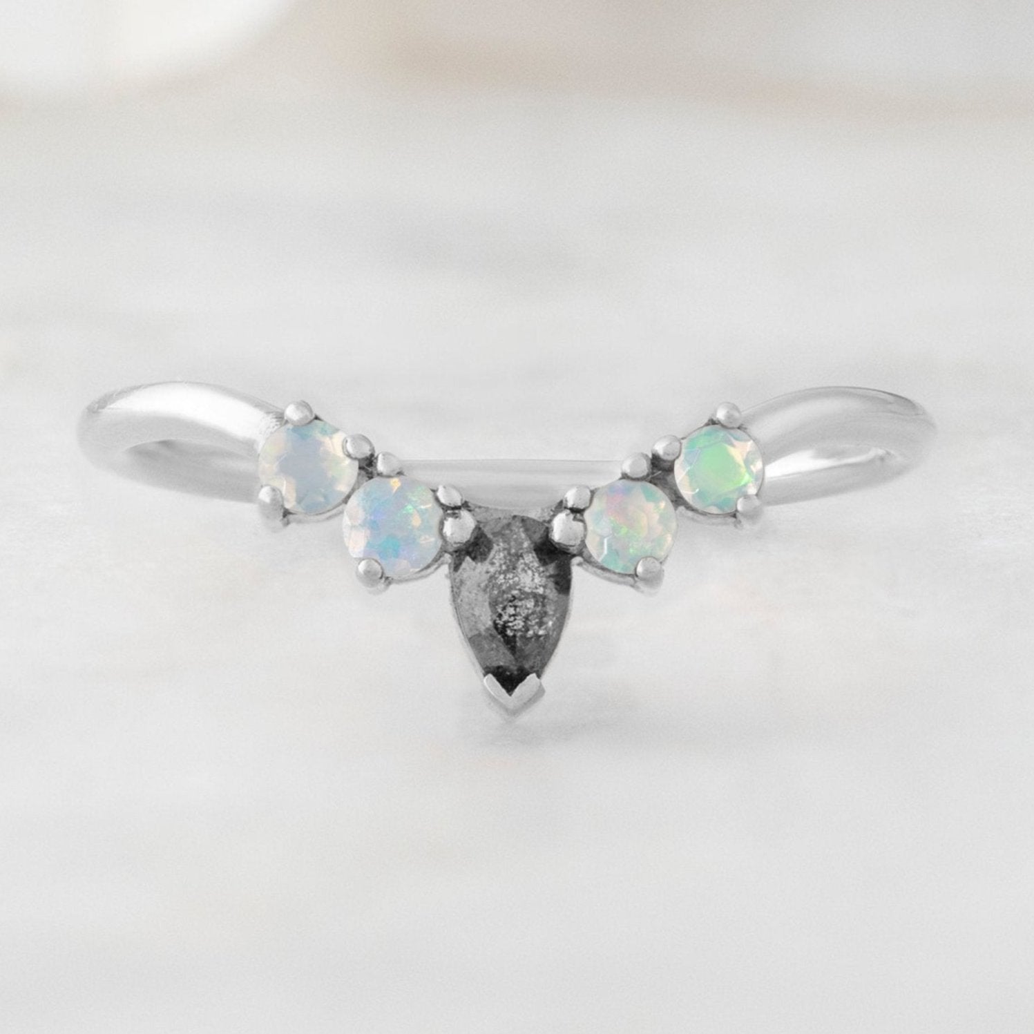 One of a Kind Opal + Black Diamond Sunburst Stacking Band | 14K or 18K White Gold