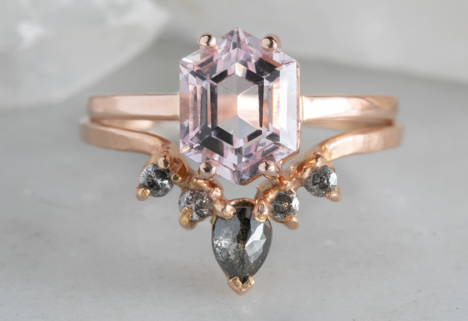 Hexagon Strawberry Quartz & Black Diamond Engagement Ring/pink