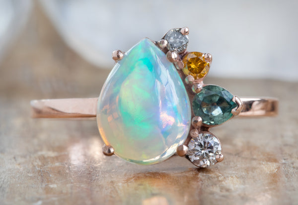 Opal engagement ring Rose gold engagement ring set Diamond Cluster rin –  Nobel Yates