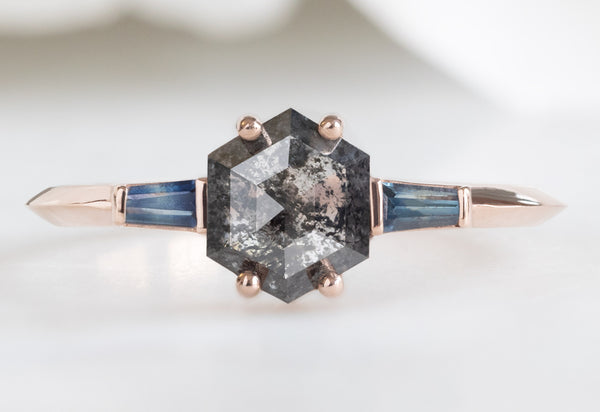 Salt and Pepper Hexagon Diamond Ring and Sapphire Baguettes