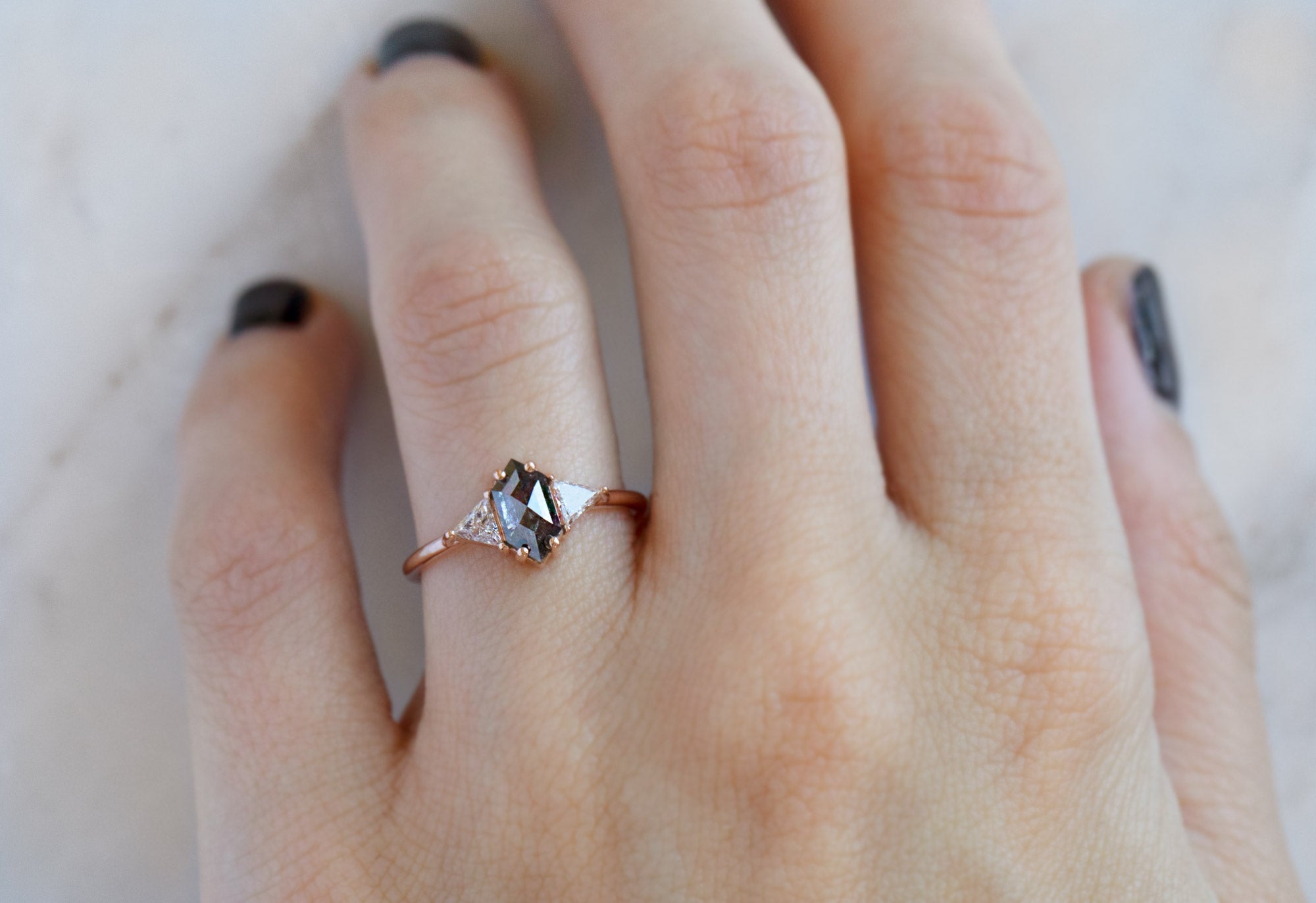 Handcrafted Three Stone Black Hexagon Diamond Engagement Ring