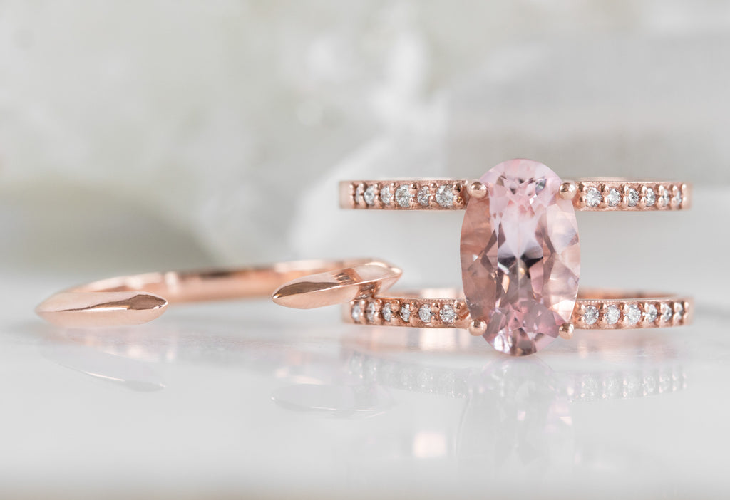 The Poppy Ring with an Oval-Cut Morganite with Open Cuff Knife Edge Stacking Band